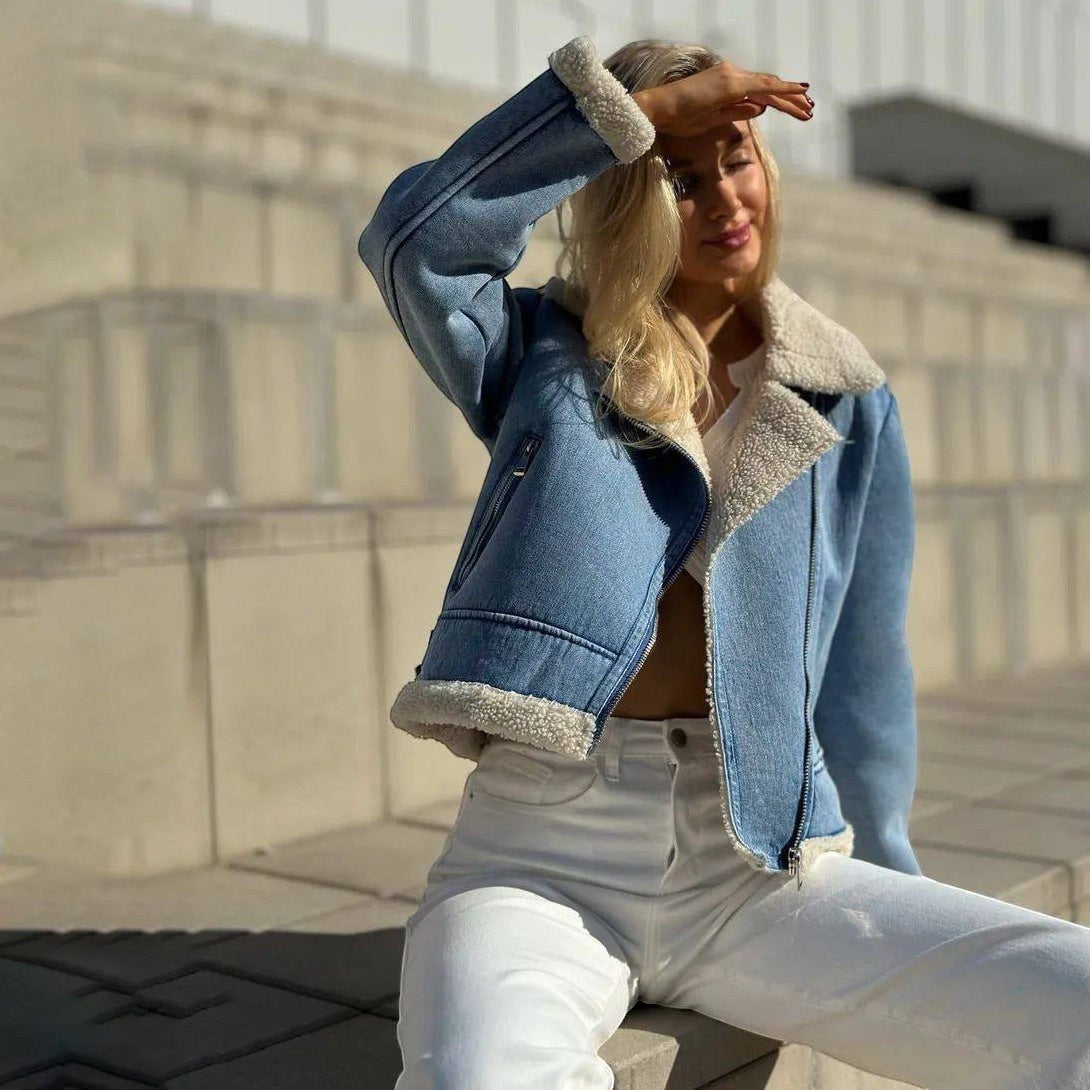 Mujer rubia con cazadora aviador azul de borreguito Vestismuse, estilo biker con forro blanco en exterior urbano.