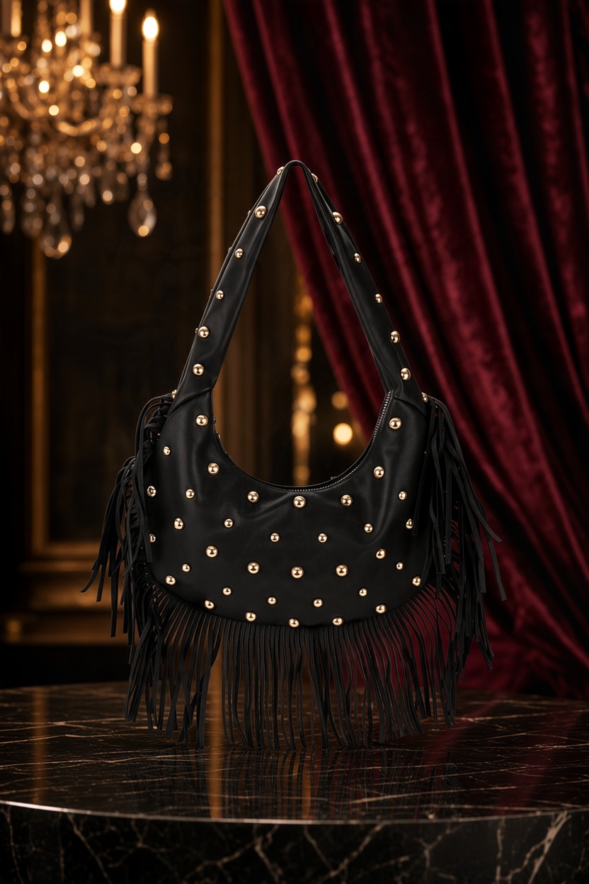 Bolso tote negro vestismuse de estilo punk con tachuelas doradas, flecos largos y cierre de cremallera en PU