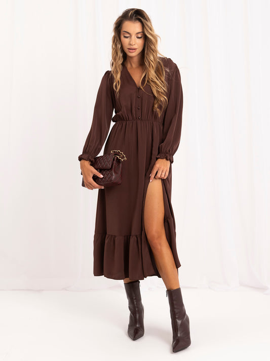 Vestido Midi Evasé con Botones y Abertura Lateral