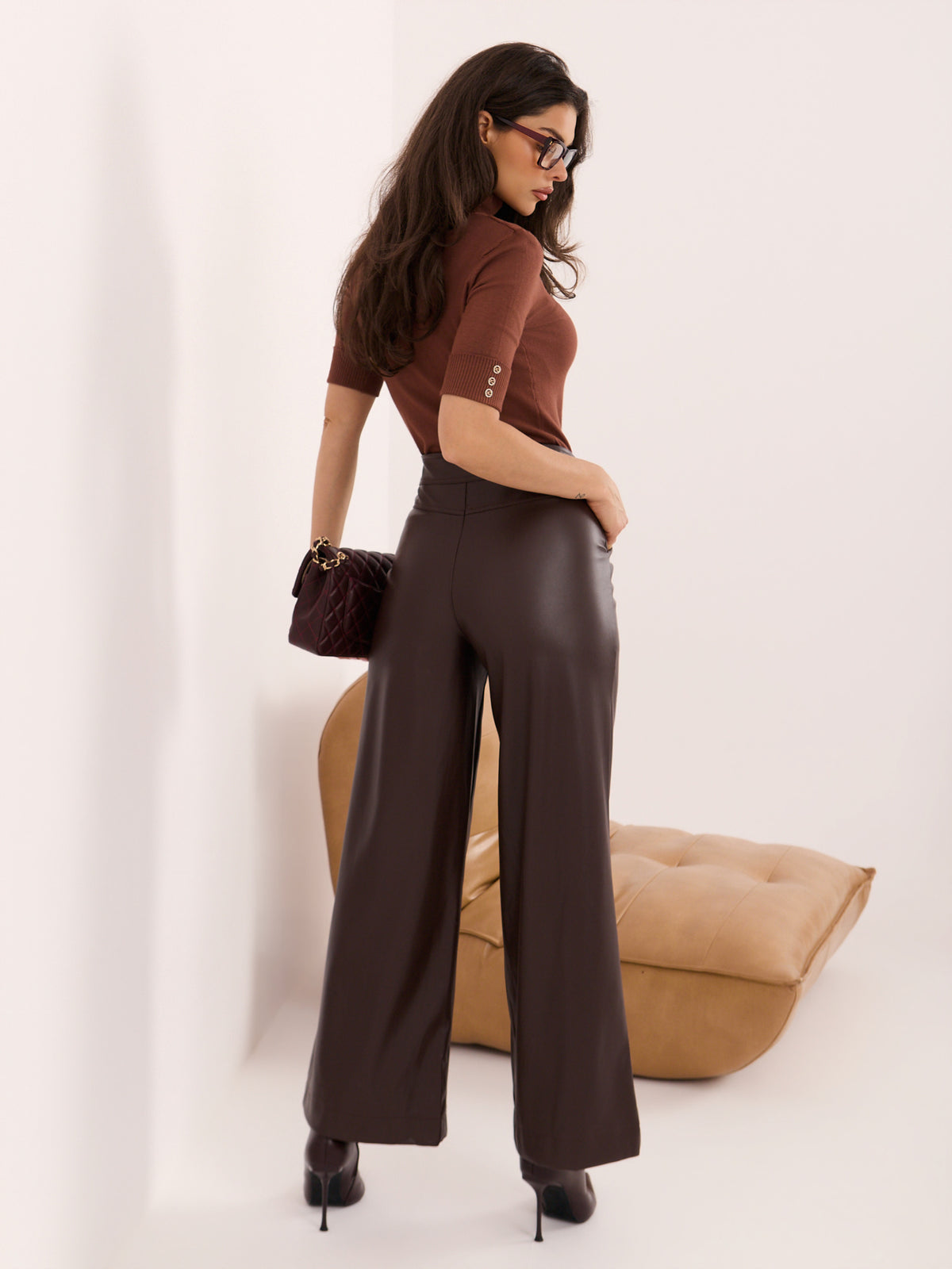 Pantalón de Efecto Piel de Pierna Ancha – Marrón Chocolate
