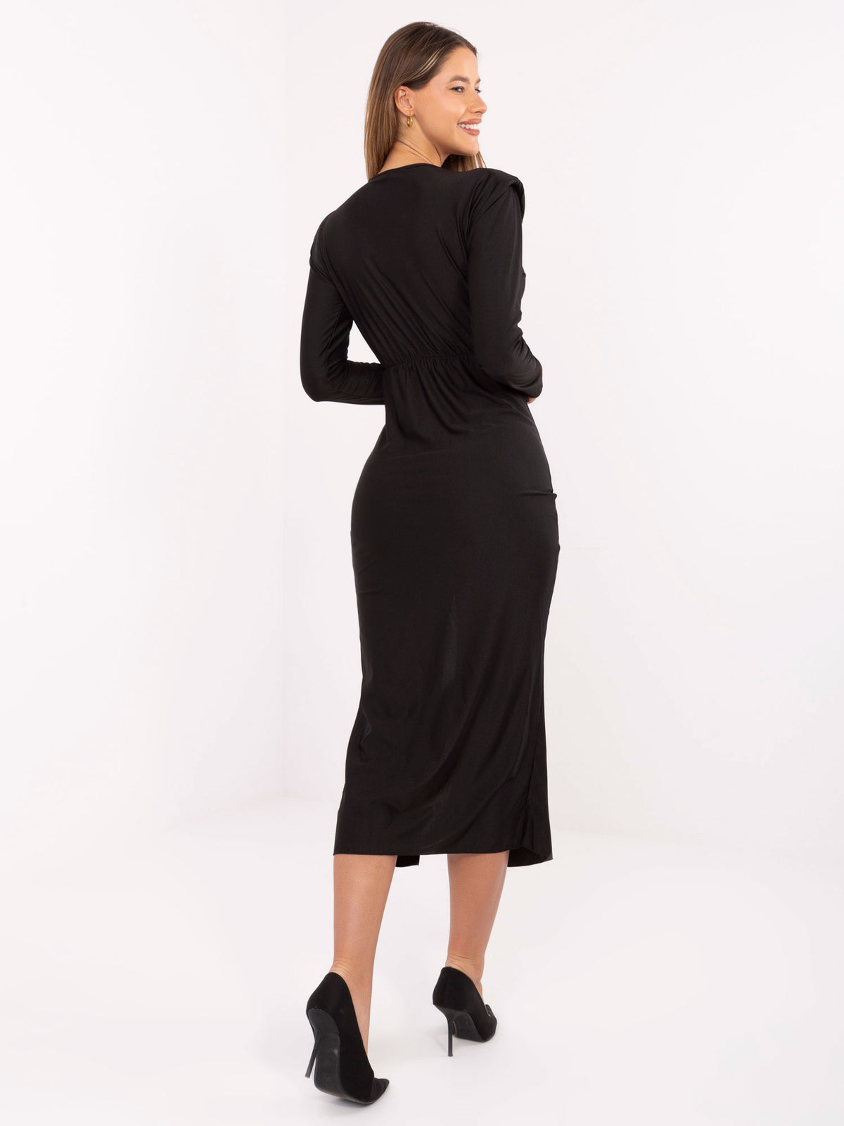 Vestido Midi Cruzado con Abertura – Negro