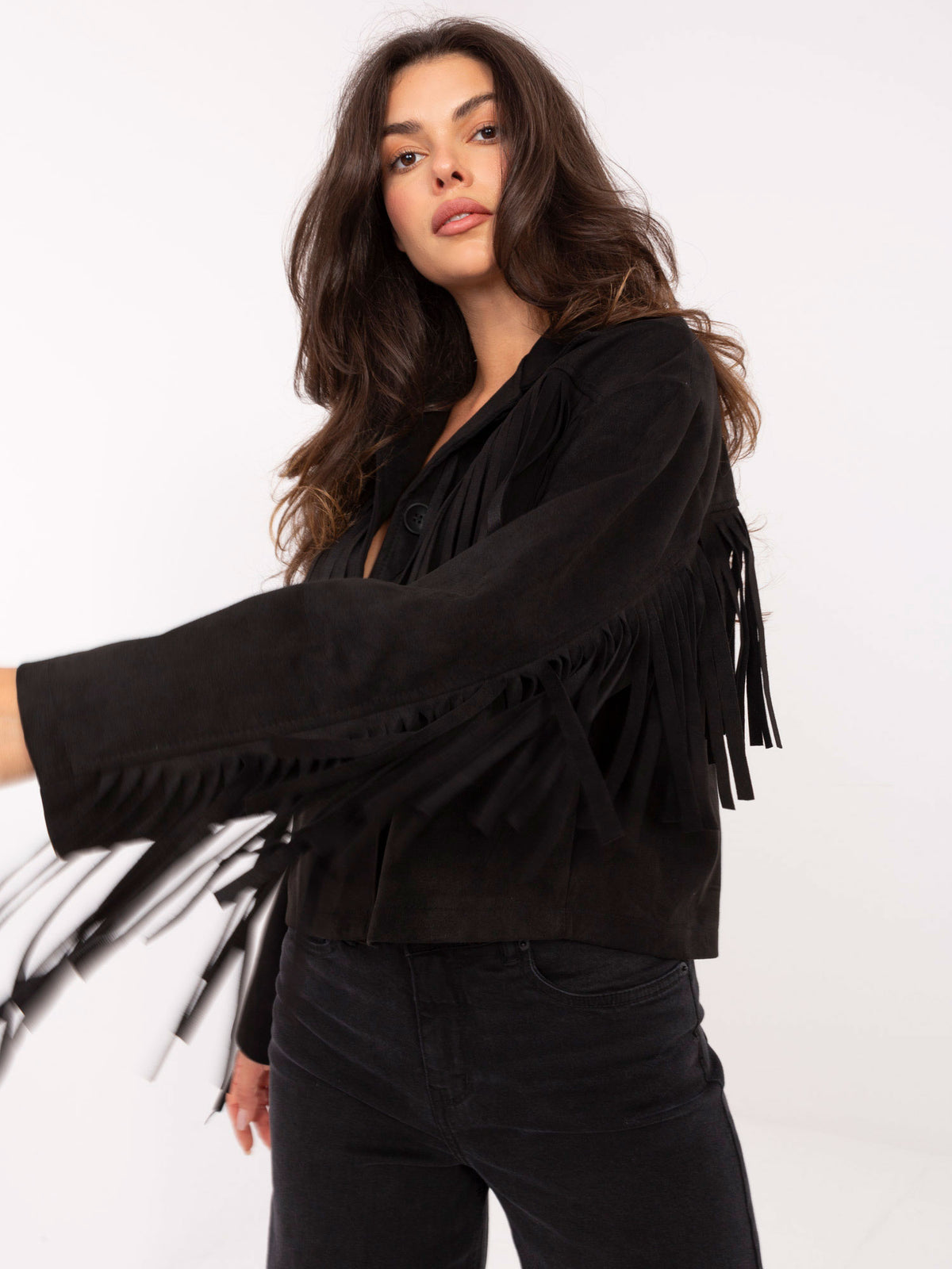 Chaqueta Corta Efecto Ante con Flecos Western