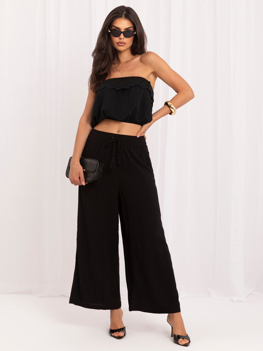 Pantalón Fluido de Viscosa con Cintura Ajustable – Negro