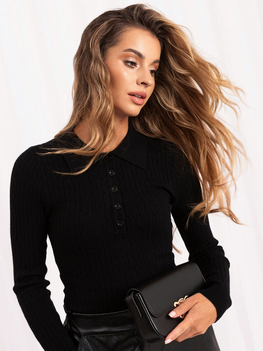 Jersey de Canalé con Cuello Polo y Botones
