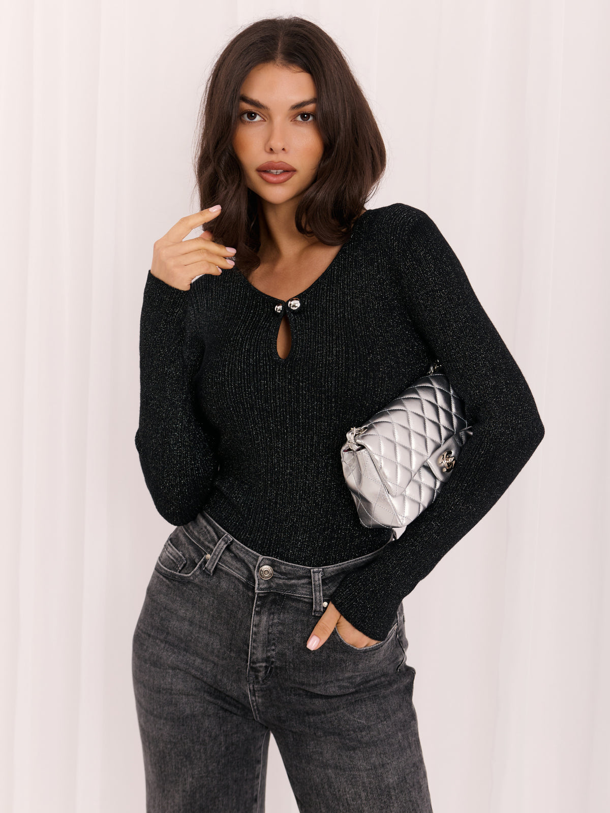 Jersey de Canalé Brillante con Escote de Lágrima
