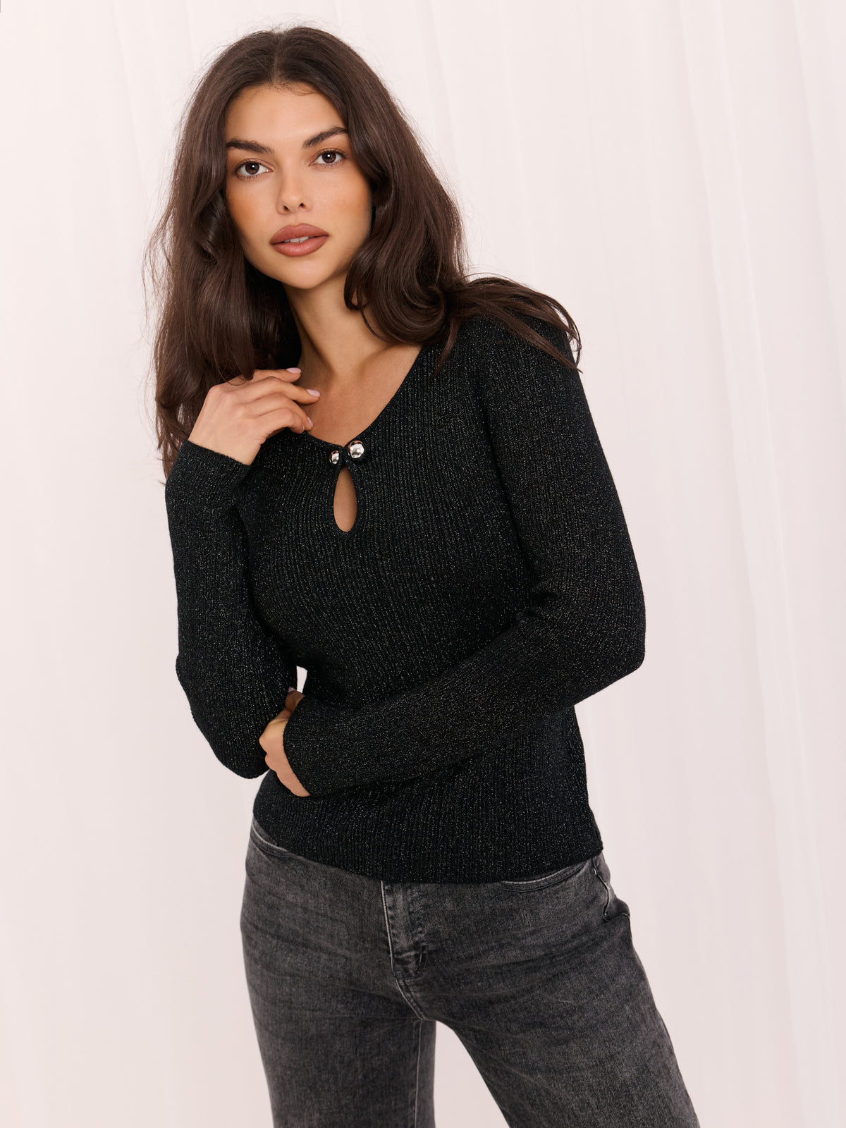 Jersey de Canalé Brillante con Escote de Lágrima