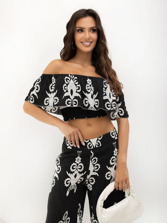 Conjunto Boho de Top Bardot y Pantalón Estampado