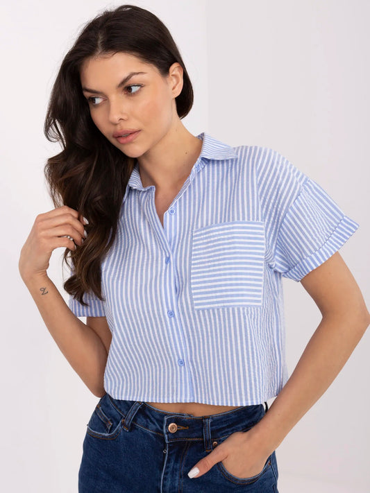 Camisa Corta de Rayas con Bolsillo y Manga Corta