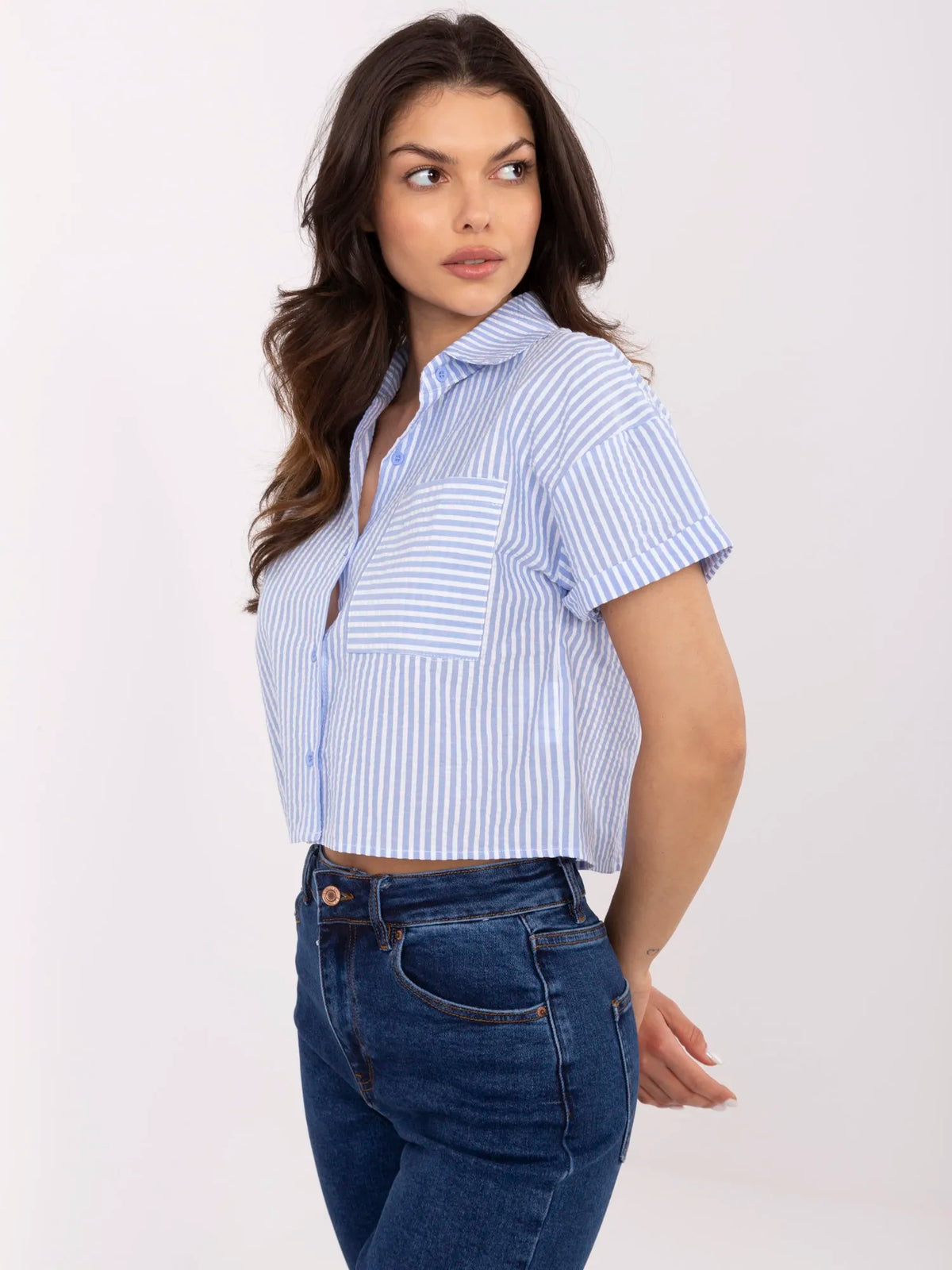 Camisa Corta de Rayas con Bolsillo y Manga Corta