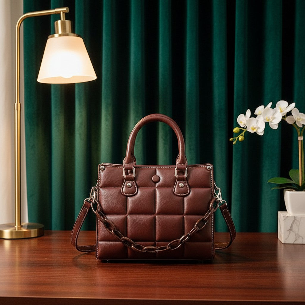 Bolso acolchado vestismuse color marrón con cadena decorativa y asas cortas sobre una mesa de madera