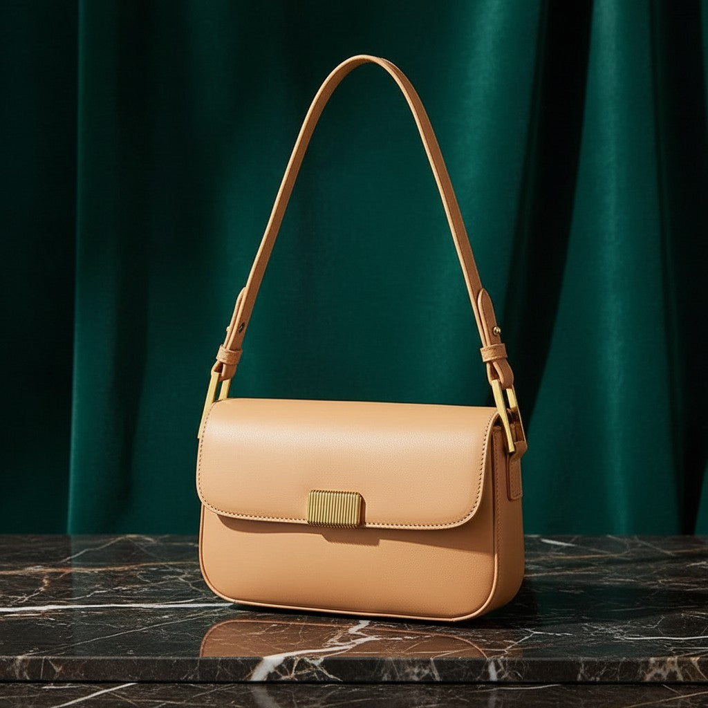 Bolso bandolera vestismuse beige de diseño minimalista con solapa, cierre metálico y asa corta sobre mesa de mármol.