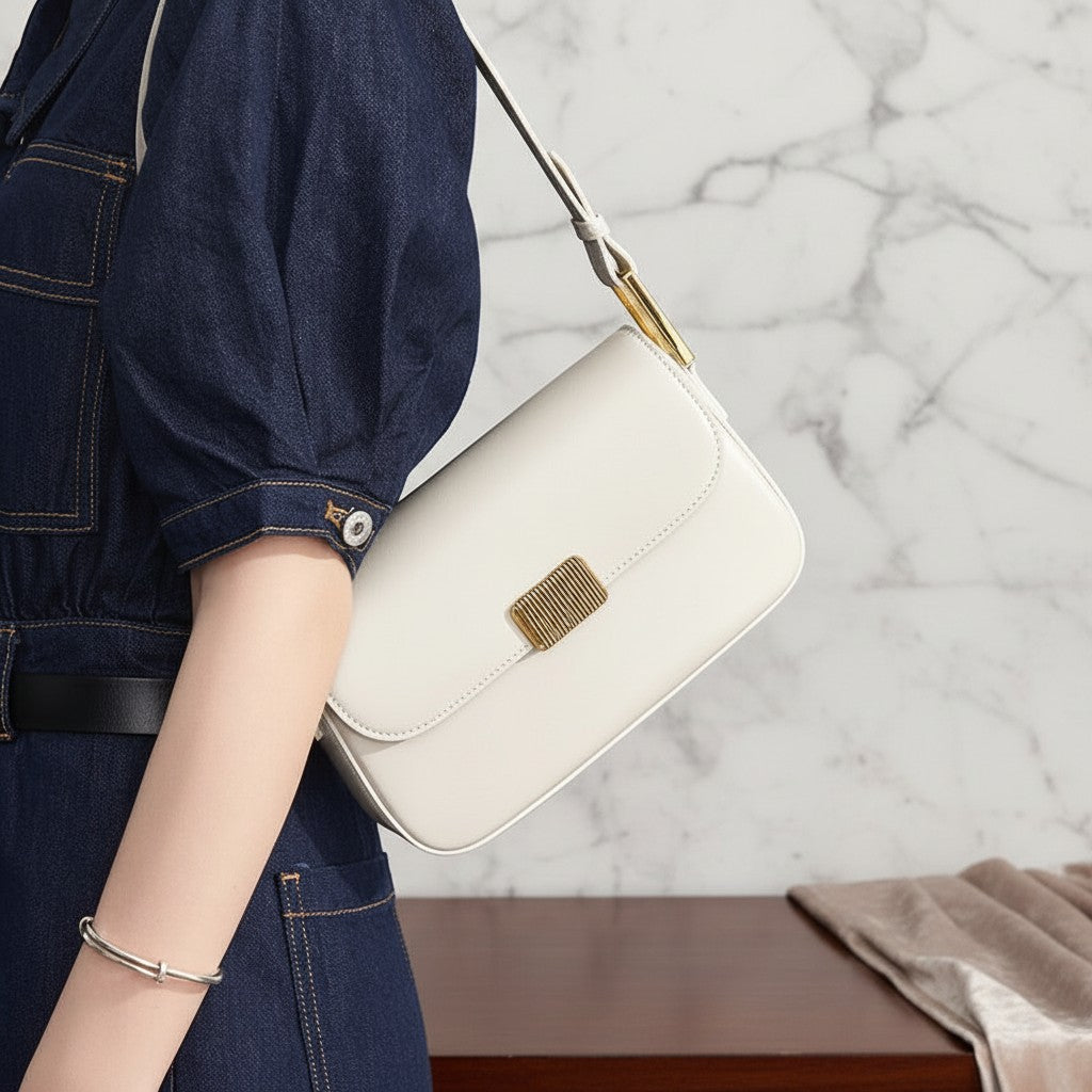 Bolso bandolera vestismuse blanco minimalista con solapa y cierre metálico, llevado al hombro por una mujer.