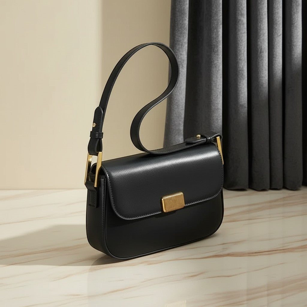 Bolso bandolera negro vestismuse con solapa, cierre metálico dorado y asa corta sobre superficie de mármol