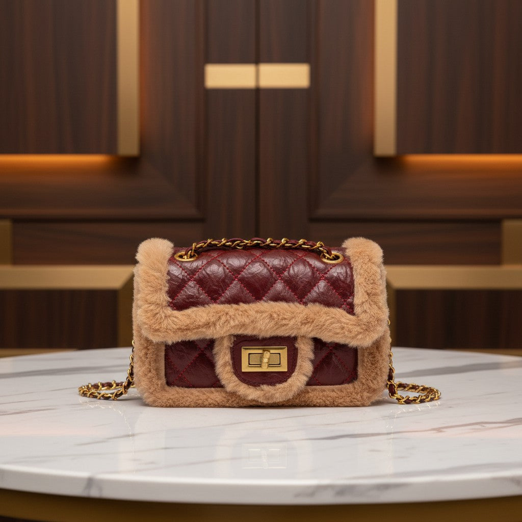 Bolso vestismuse de piel acolchada color burdeos con bordes de pelo sintético beige y cadena dorada sobre mesa de mármol