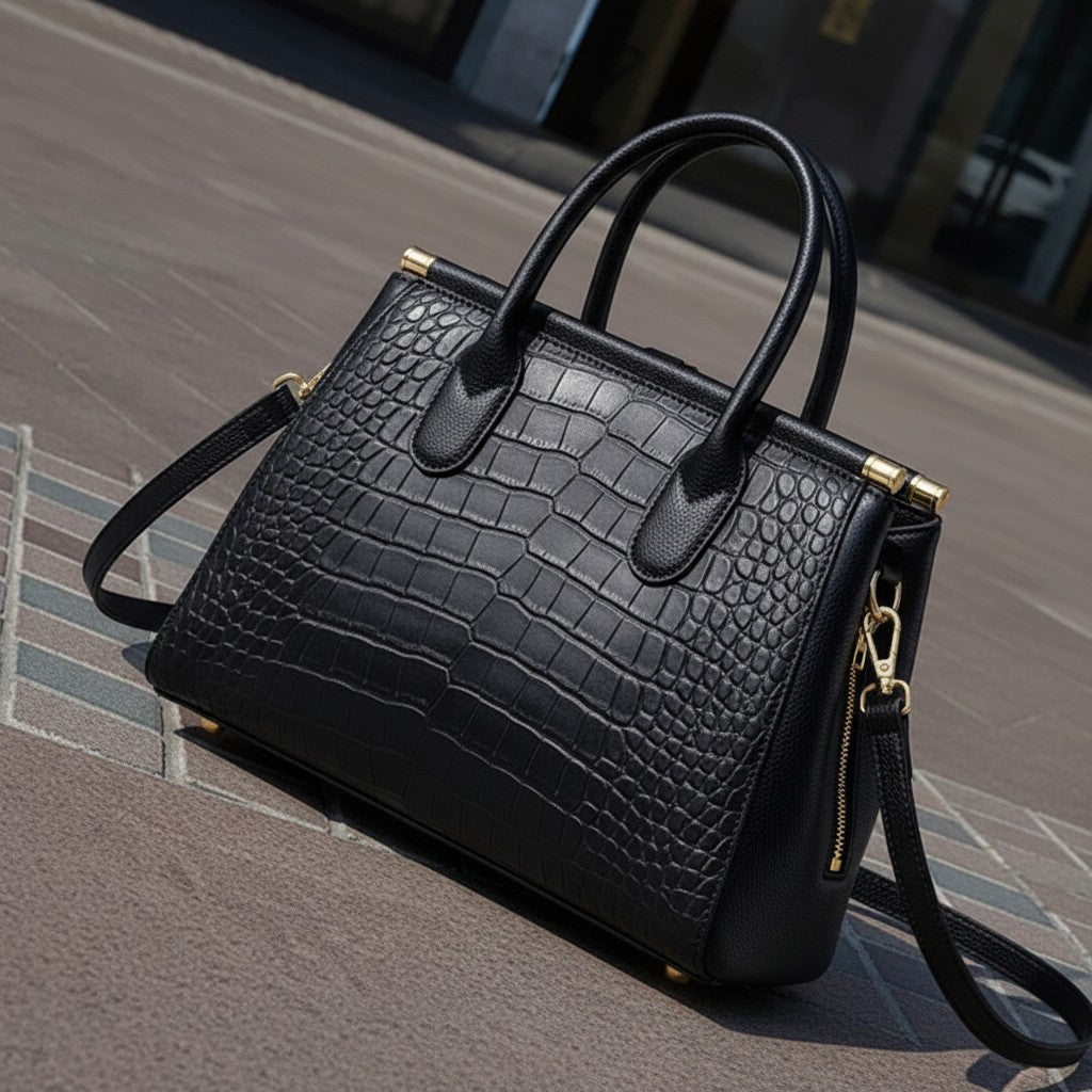 Bolso de mano vestismuse negro con acabado efecto cocodrilo, doble asa y cierre metálico elegante.