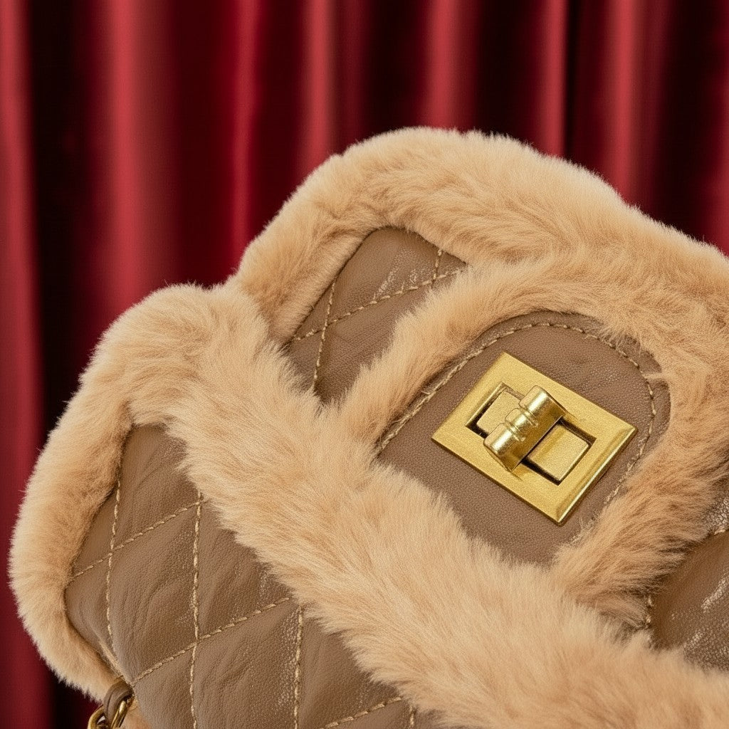 Bolso vestismuse marrón con textura acolchada, ribetes de pelo sintético suave y cierre de broche metálico dorado.