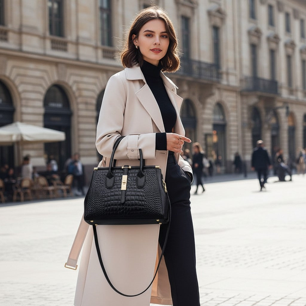 Mujer con bolso negro vestismuse efecto cocodrilo y cierre metálico, caminando por una calle urbana con abrigo beige.