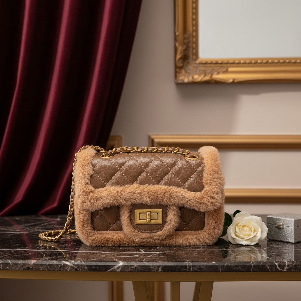 Bolso rígido Vestismuse marrón acolchado con detalles de pelo sintético y cadena dorada sobre mesa de mármol