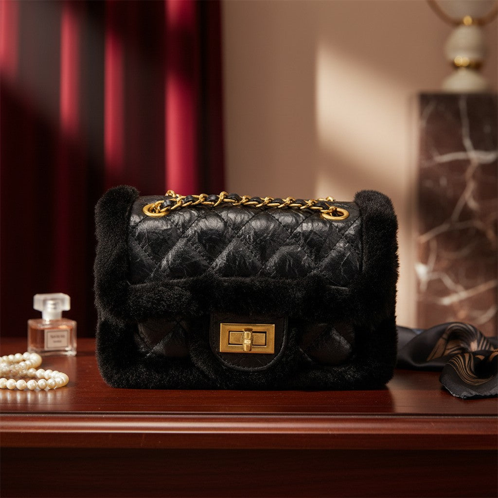Bolso rígido negro Vestismuse con textura acolchada, detalles de pelo sintético y cadena dorada sobre mesa de madera