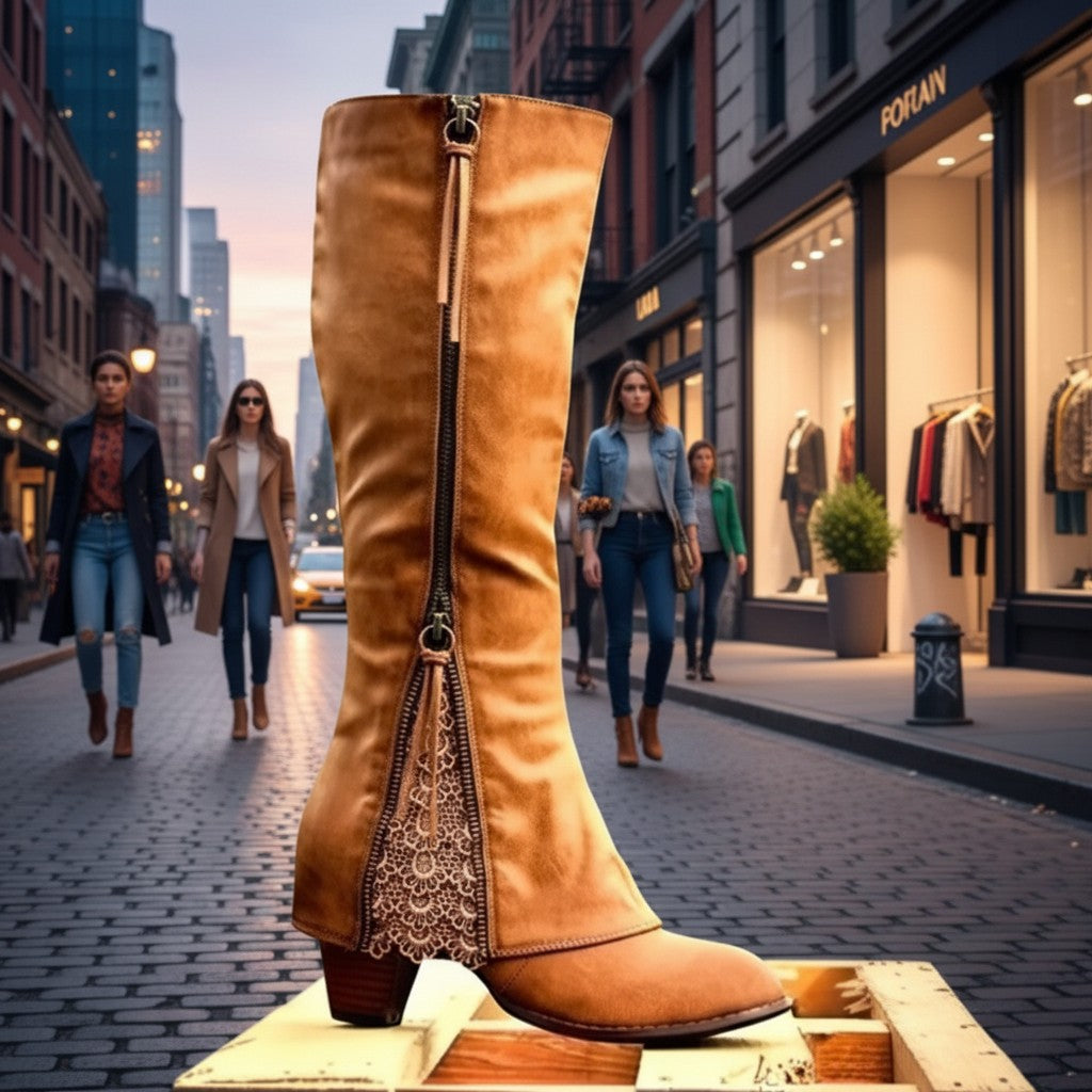 Bota alta color café de vestismuse con cremallera lateral, detalle de encaje y suela robusta en entorno urbano.