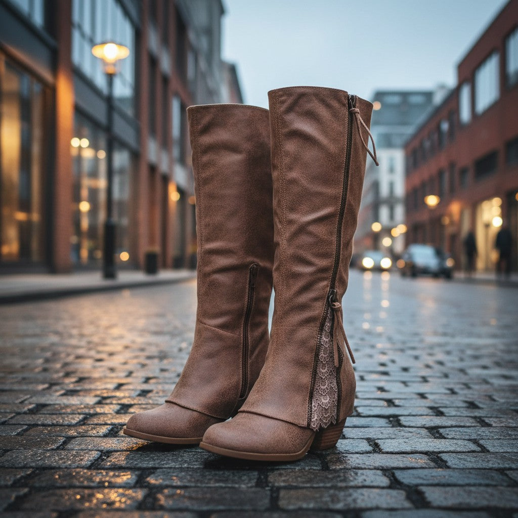 Botas altas marrones de estilo combat de vestismuse con cremallera lateral y detalles de encaje en una calle adoquinada.