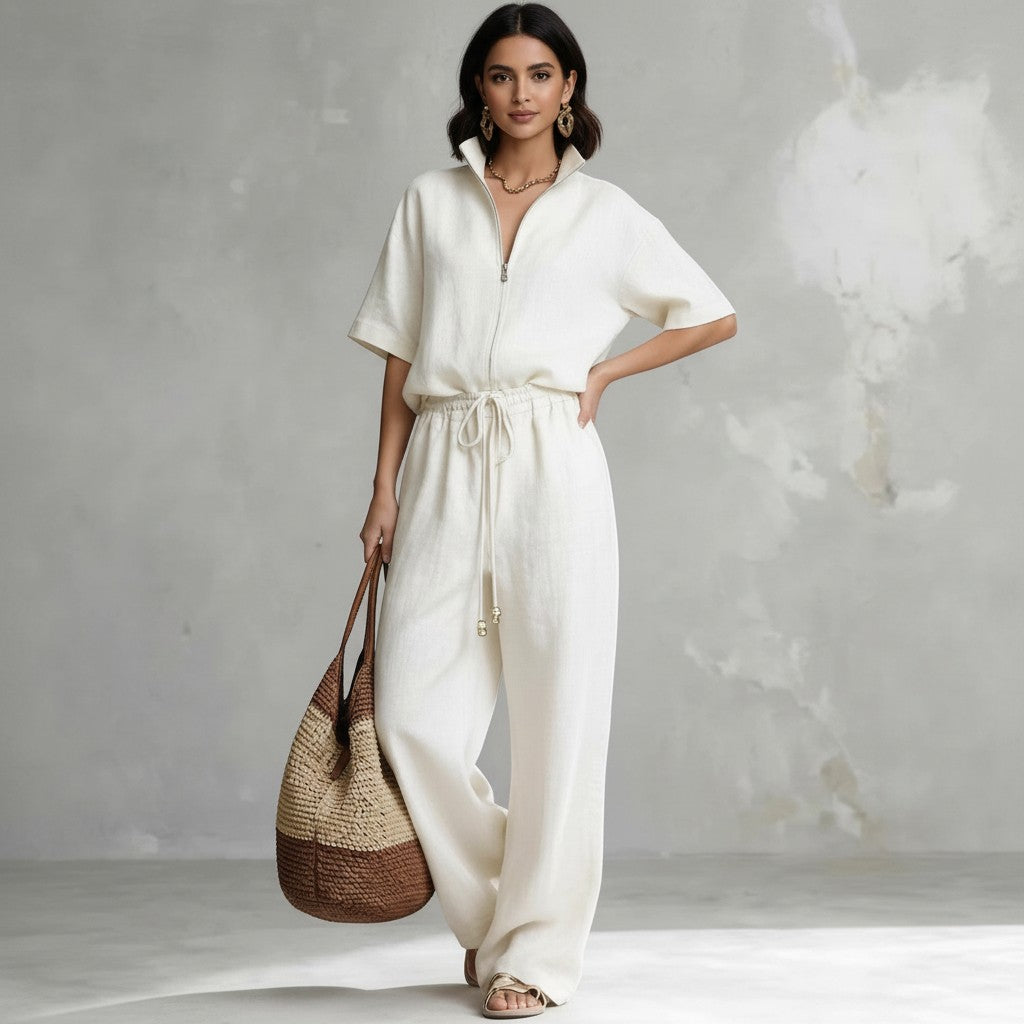 Conjunto blanco de dos piezas VestisMuse con camisa de cremallera y pantalón de pernera ancha en fibra de poliéster