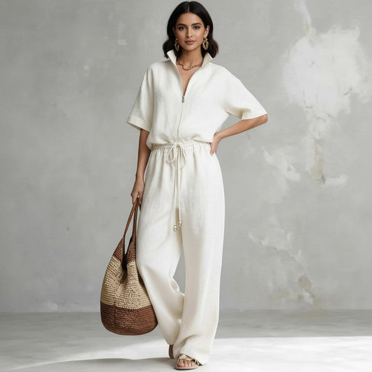 Conjunto blanco de dos piezas VestisMuse con camisa de cremallera y pantalón de pernera ancha en fibra de poliéster