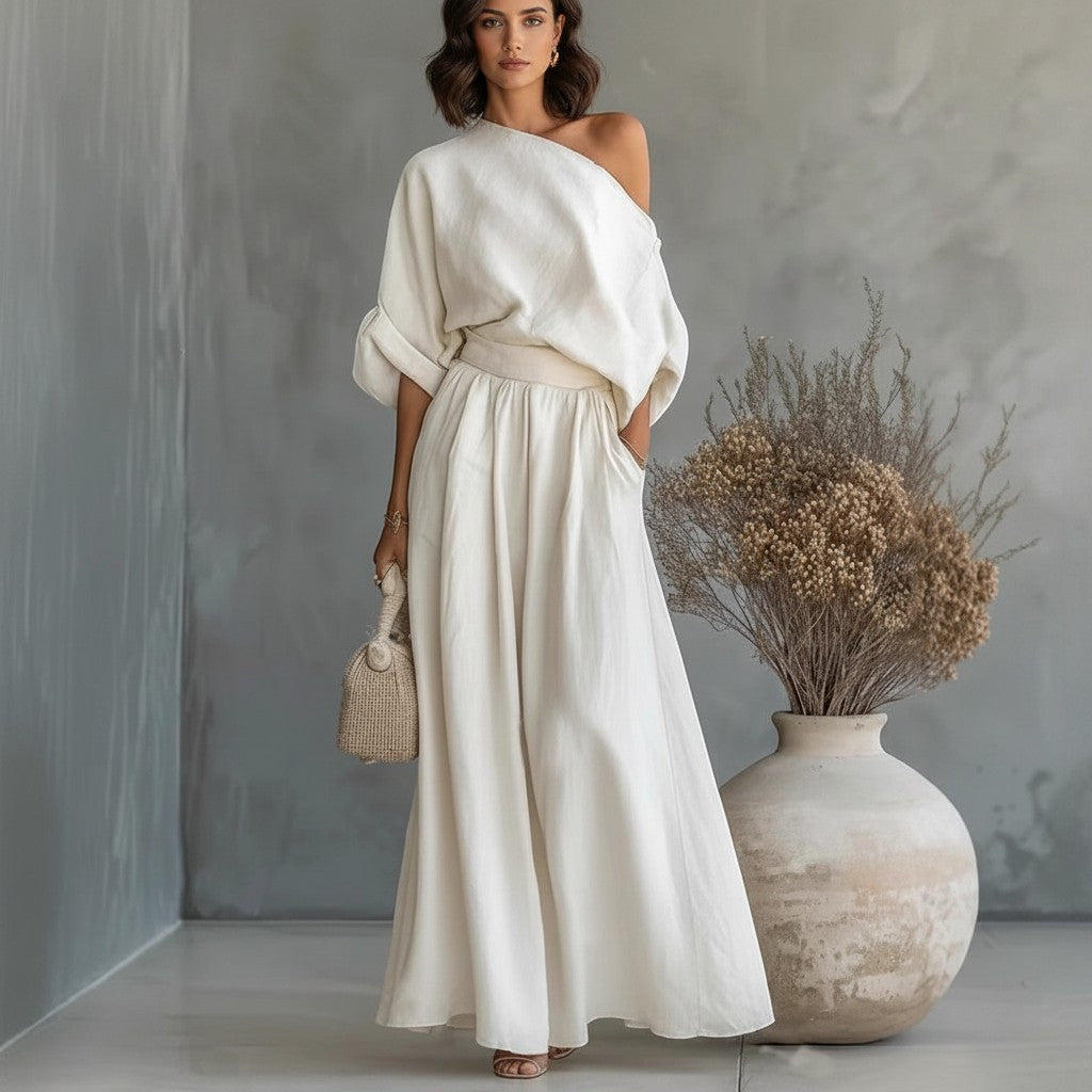 Conjunto blanco de dos piezas vestismuse con top de hombro descubierto y pantalón amplio de poliéster fluido