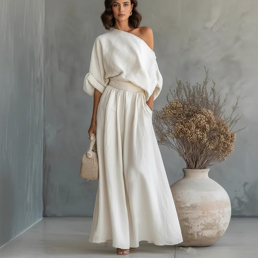 Conjunto blanco de dos piezas vestismuse con top de hombro descubierto y pantalón amplio de poliéster fluido