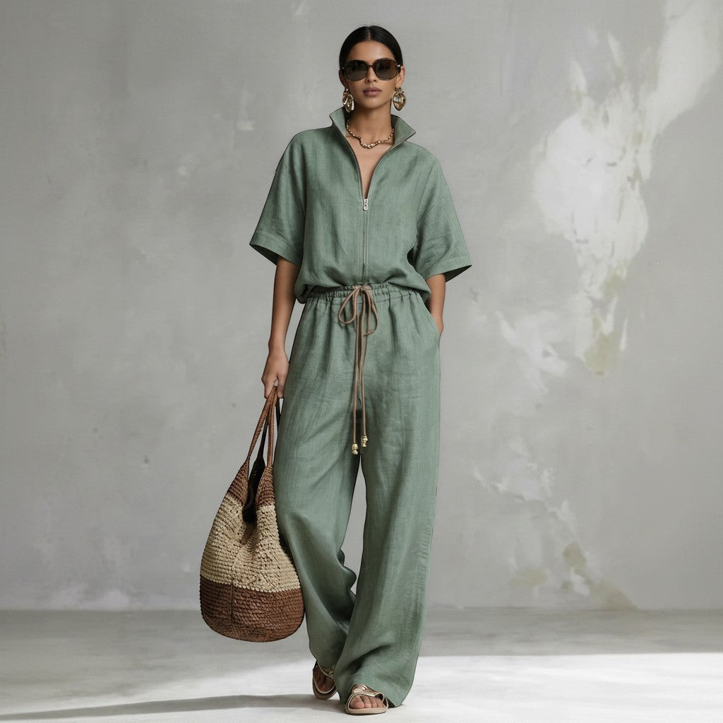Modelo con conjunto vestismuse verde agua de camisa con cremallera y pantalón de pernera ancha con cordón ajustable