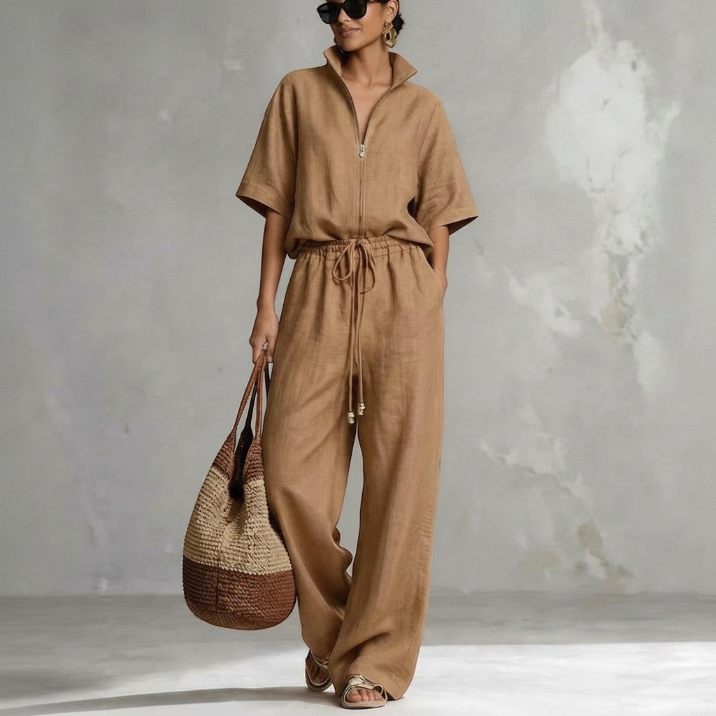Conjunto de dos piezas color camel de VestisMuse con camisa de cremallera y pantalón de pernera ancha en poliéster
