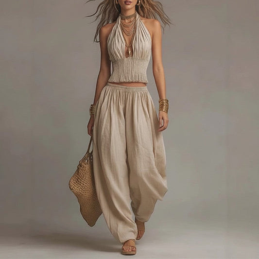 Conjunto de dos piezas vestismuse en color caqui con top halter fruncido y pantalón fluido de pernera ancha