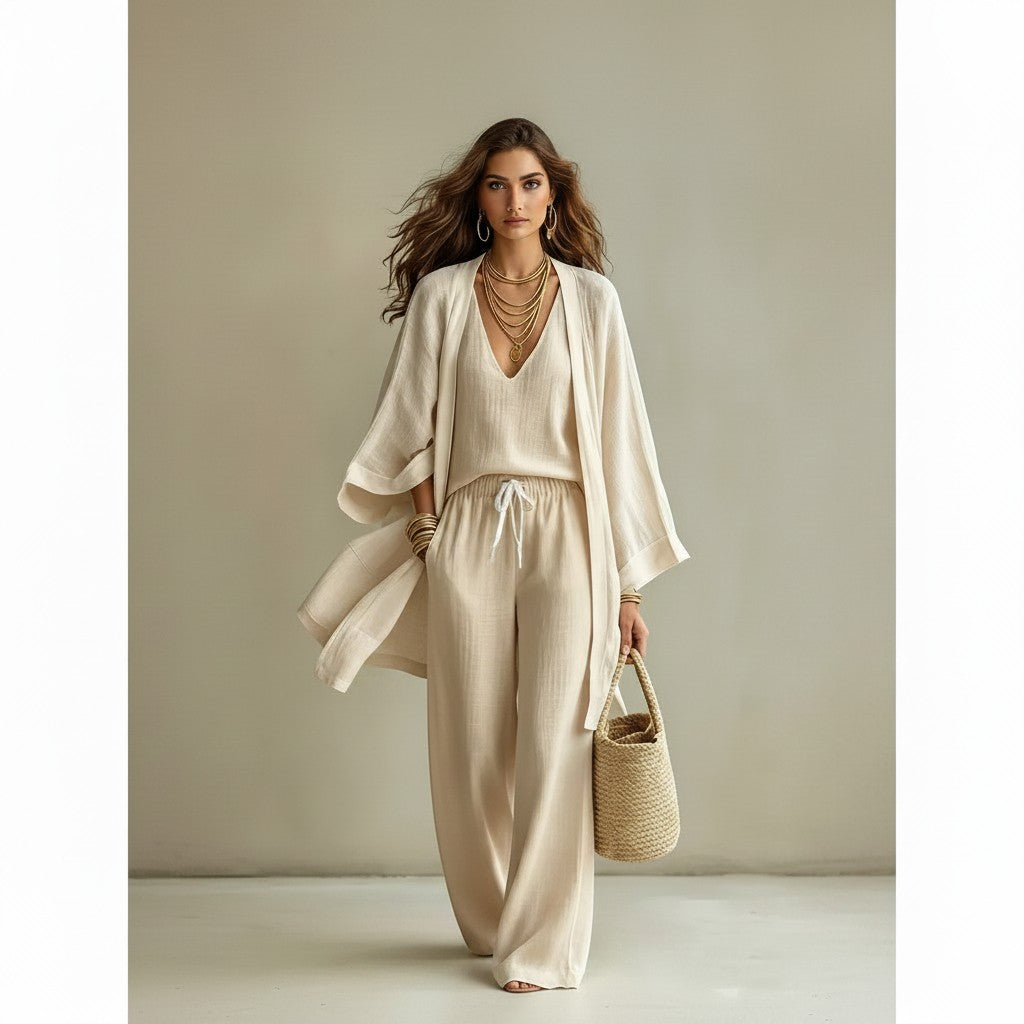 Modelo vistiendo conjunto beige de tres piezas vestismuse con cárdigan, top y pantalón de pernera ancha en poliéster