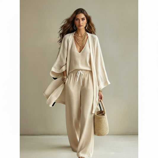 Modelo vistiendo conjunto vestismuse de tres piezas beige con cárdigan ligero, top sin mangas y pantalón de pernera ancha