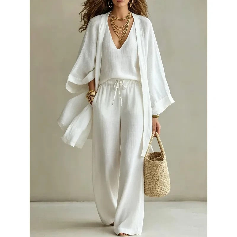 Conjunto de tres piezas blanco VestisMuse con cárdigan fluido, top y pantalón de pernera ancha en poliéster ligero