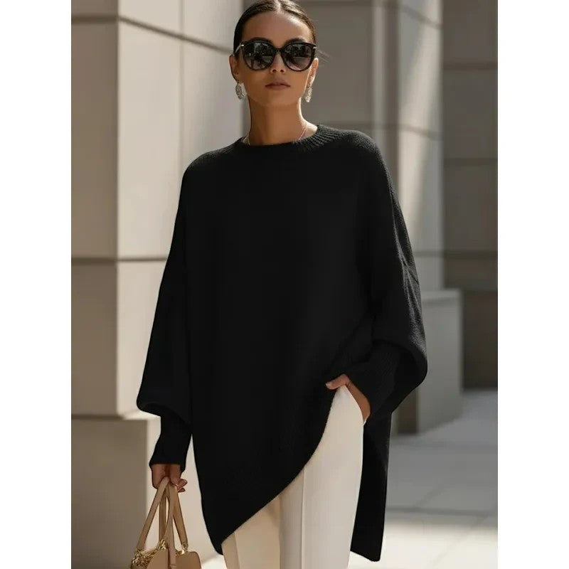 Jersey oversize negro de VestisMuse con cuello redondo y hombro caído, estilo casual elegante para mujer.