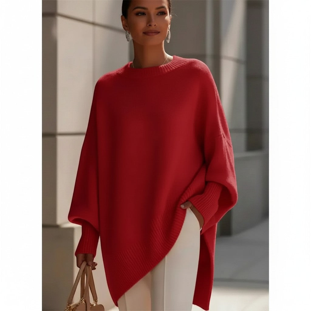 Jersey oversize rojo de VestisMuse con cuello redondo y hombro caído, estilo casual elegante para mujer.