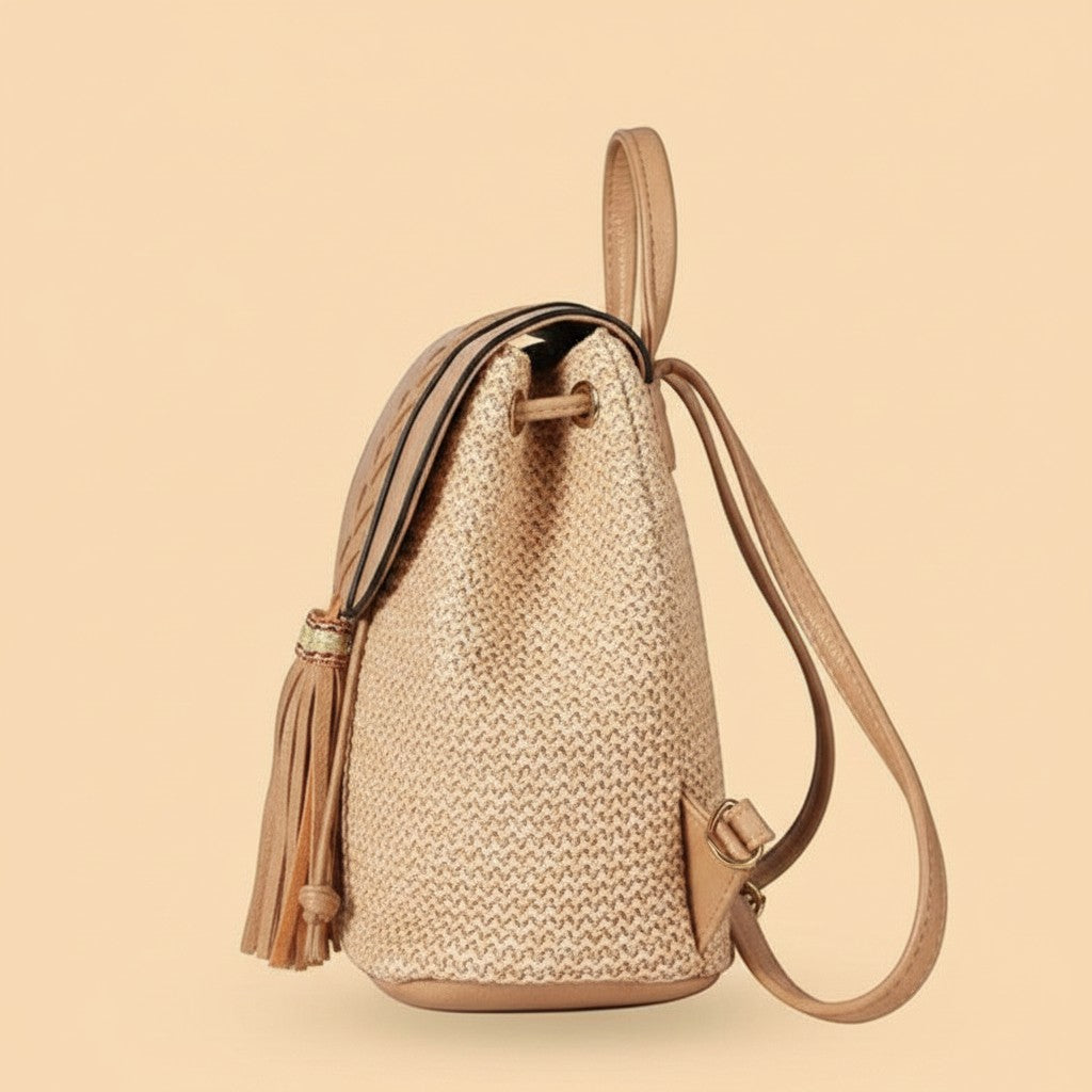Mochila saco boho Vestismuse en color caqui con textura tejida, cierre de cordón y detalle de borlas laterales