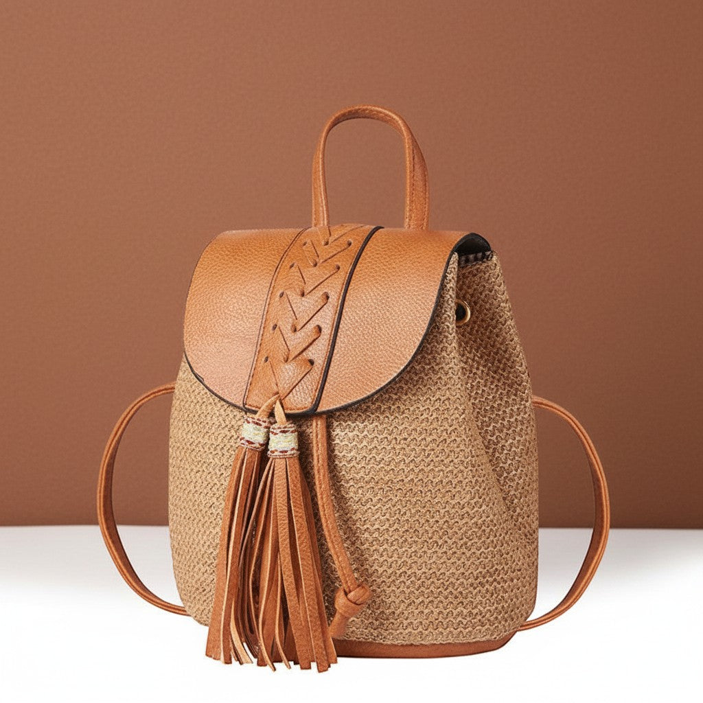 Mochila saco boho vestismuse color marrón con textura tejida, solapa de piel sintética, cordón y borlas decorativas.