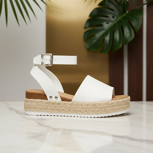 Sandalias de plataforma vestismuse con cuña de esparto natural y tiras de cuero blanco con cierre de hebilla lateral