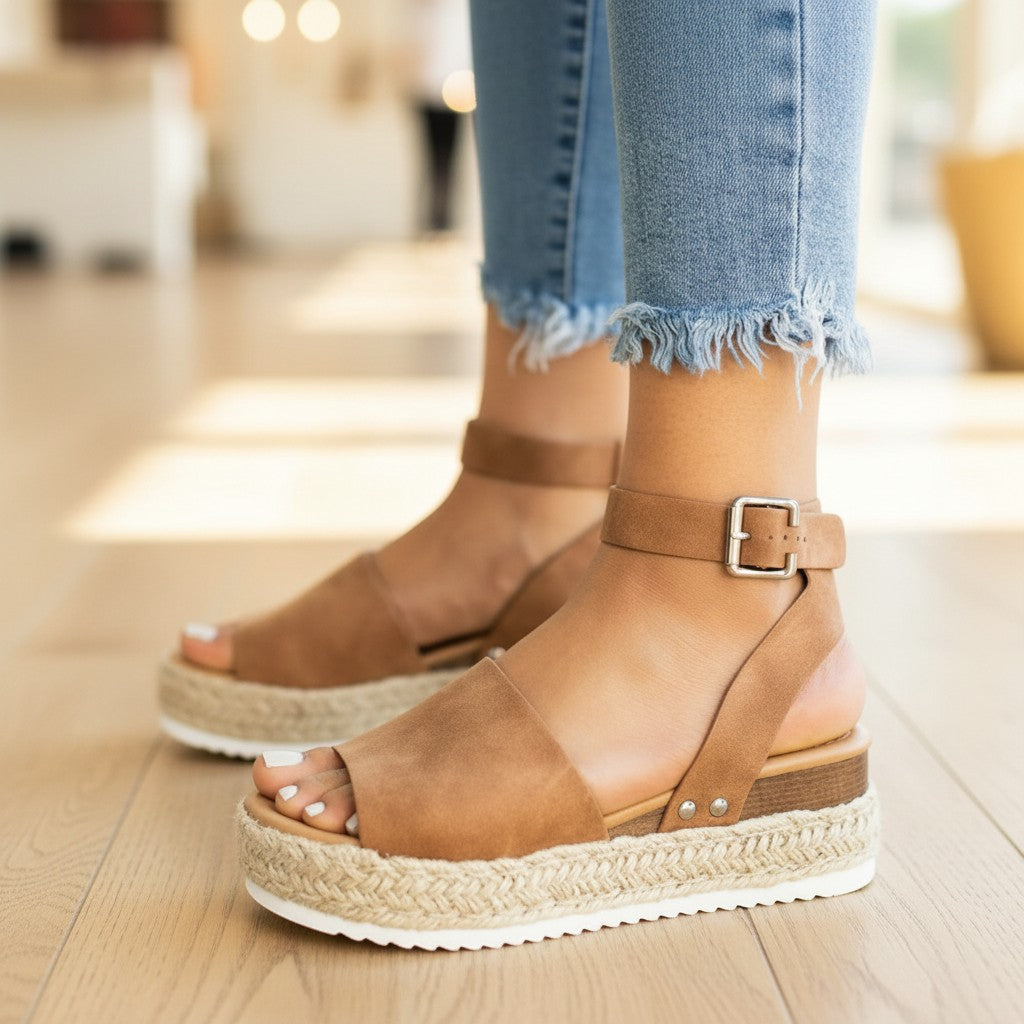Sandalias de plataforma vestismuse con cuña de esparto natural y tiras de ante color camel sobre suelo de madera
