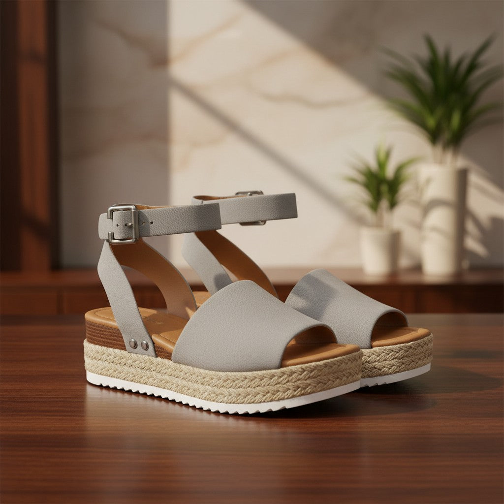 Sandalias de plataforma vestismuse con cuña de esparto natural y tiras de color gris claro sobre mesa de madera.