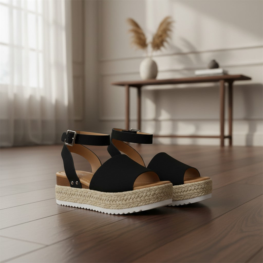 Sandalias de plataforma vestismuse con cuña de esparto natural y tiras negras ajustables en un entorno elegante.