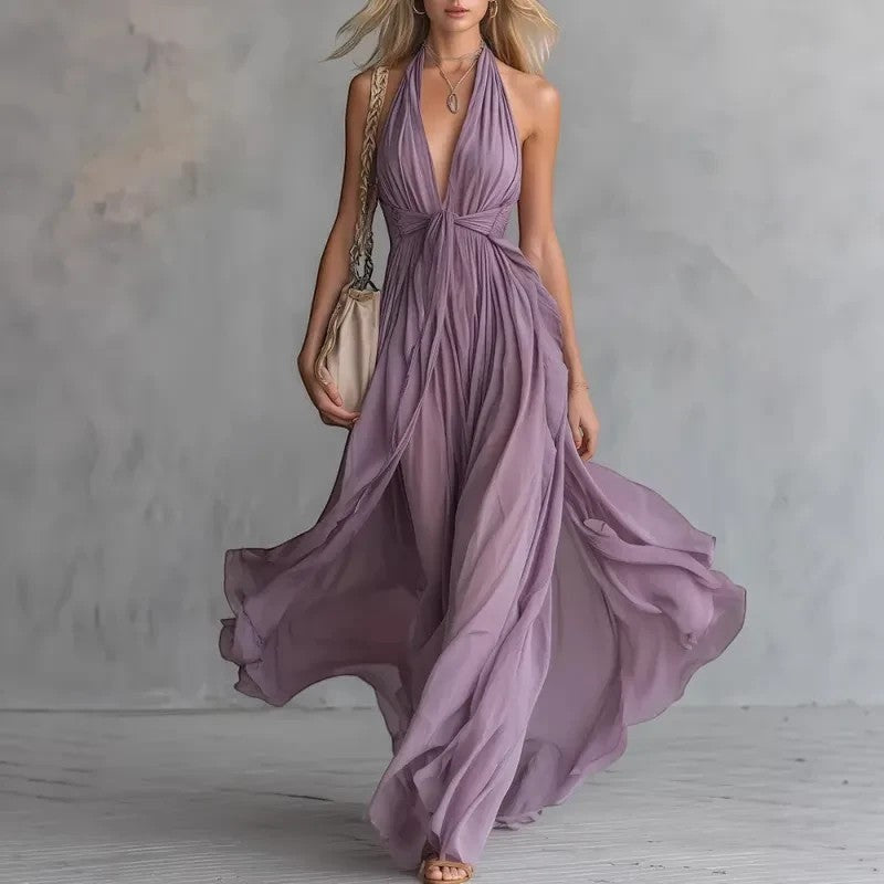 Vestido largo morado VestisMuse con escote halter, cintura alta y falda fluida de poliéster para eventos elegantes.