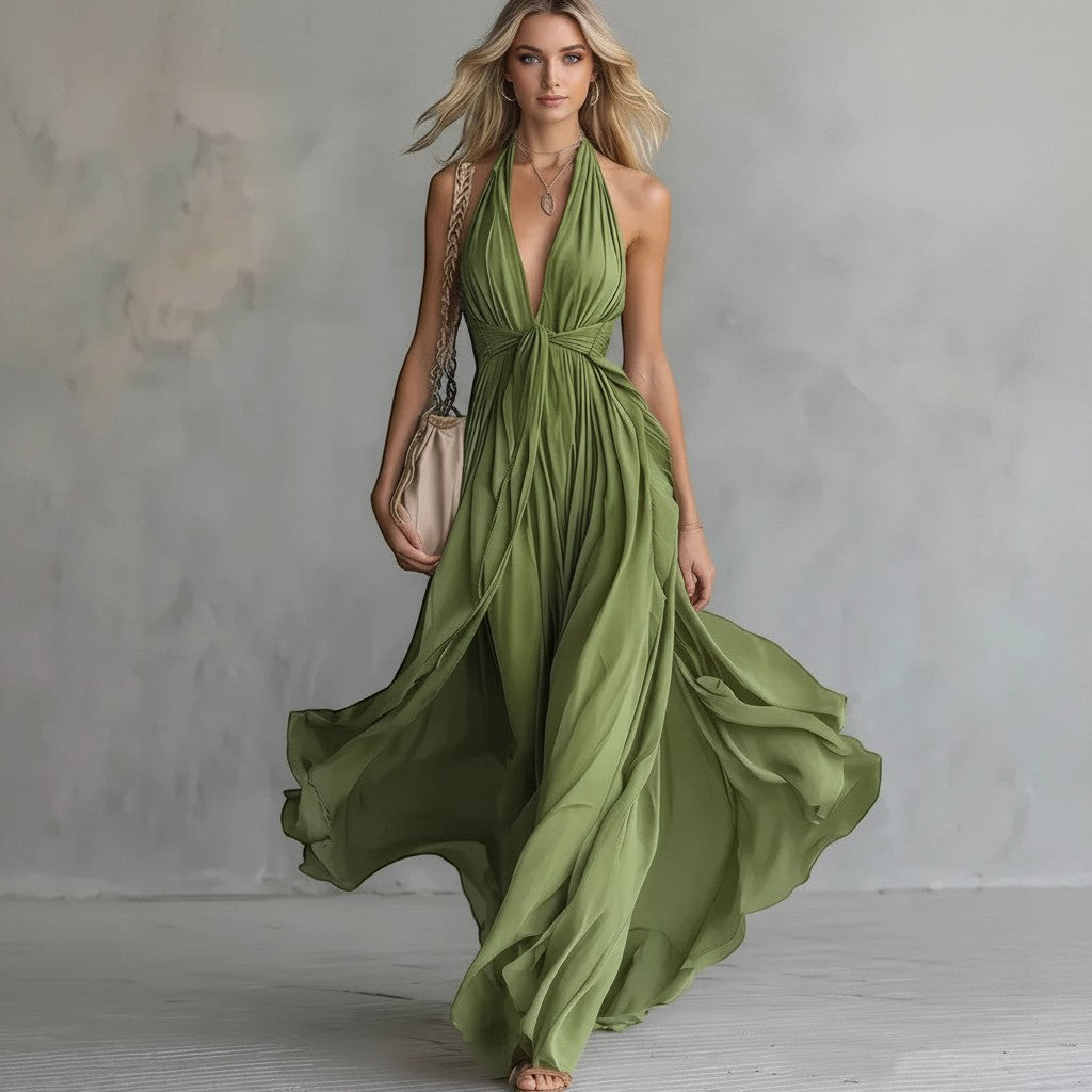 Modelo luciendo vestido largo verde vestismuse con escote halter, cintura alta y falda fluida de poliéster