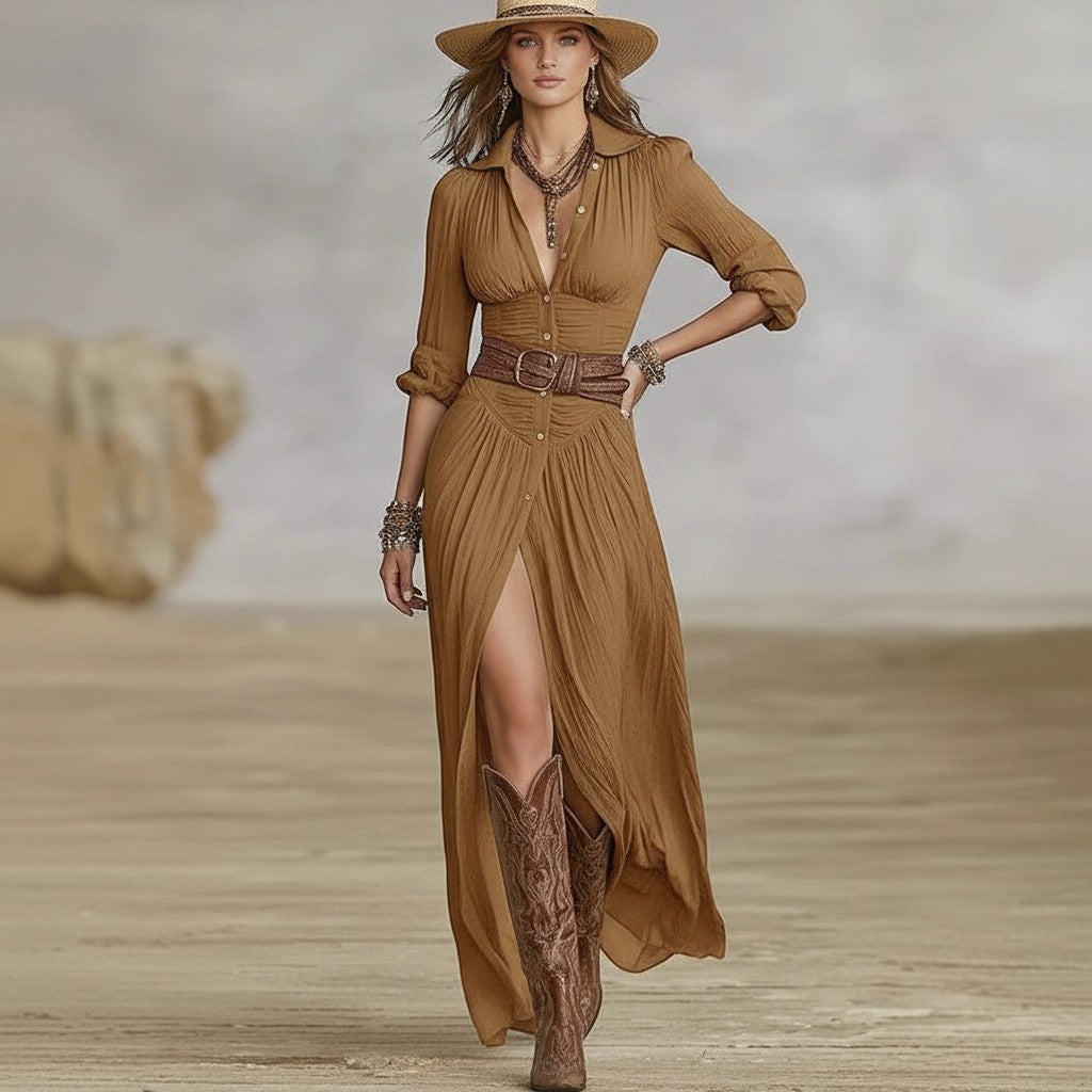 Modelo con vestido midi caqui de estilo bohemio, botones frontales, cinturón ancho y falda asimétrica de vestismuse