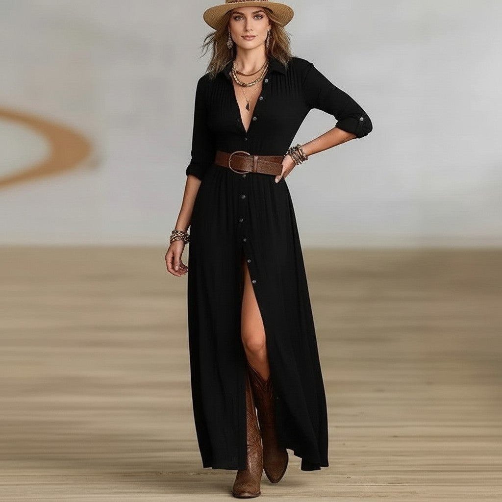 Modelo con vestido midi negro de estilo bohemio de vestismuse, con botones, cinturón marrón y falda asimétrica.